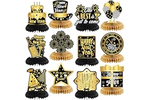 Chiisong 12 Pieces Happy New Year 2026 Party Decoration Happy New Year Honeycomb Centerpieces Black Gold Glitter Table Centerpieces for 2026 Eve Party Supplies Table Toppers