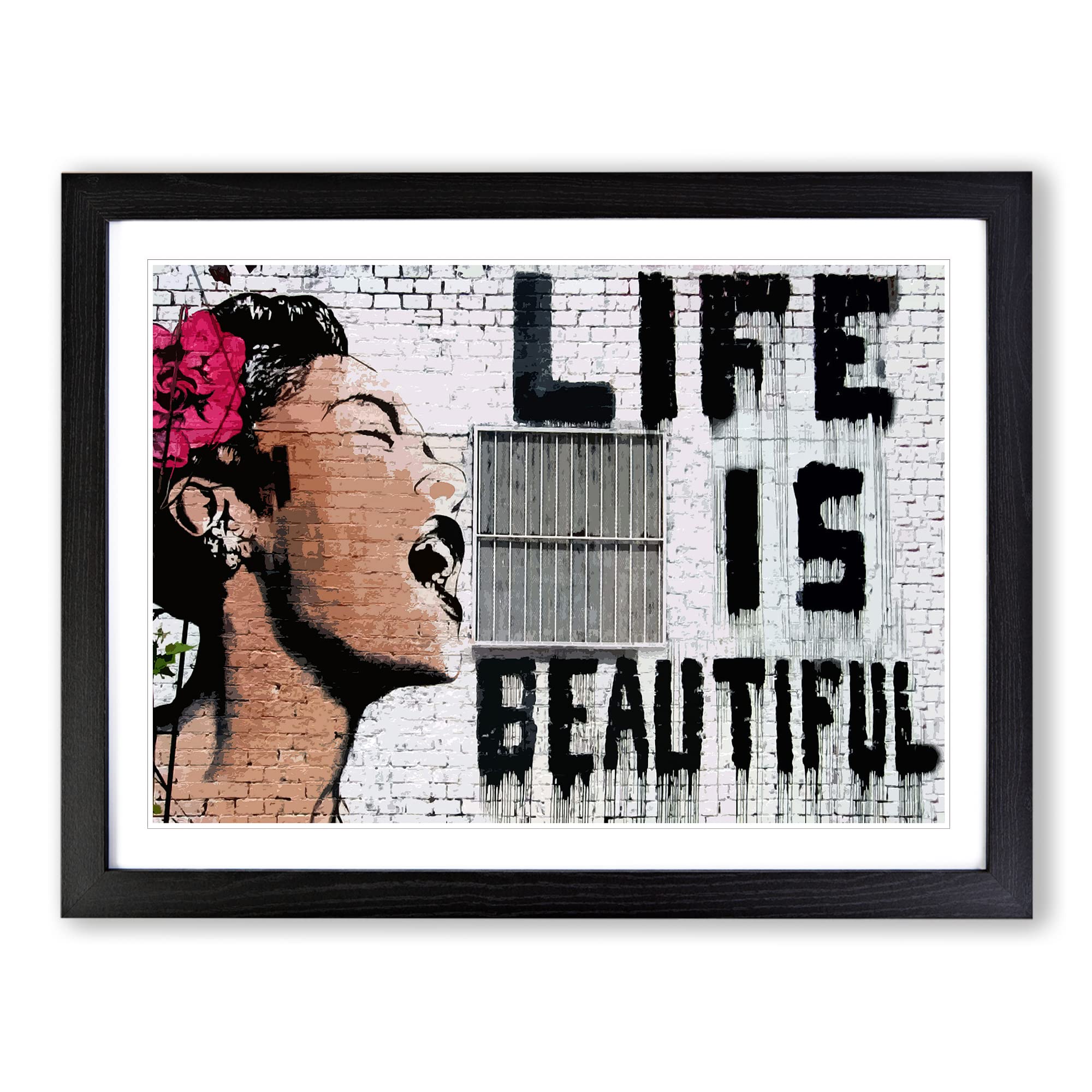 Banksy Life is Beautiful Graffiti Wall Art Modern Framed Wall Art Print, Ready to Hang Picture for Living Room Bedroom Home Office Décor, Black A3 (46 x 34 cm)