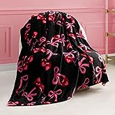 Juicy Couture Sweet Cherry Bows 50" x 70" Plush Throw Blanket, Black - Decorative Blankets for Sofas, Throws for Chairs, and Beds