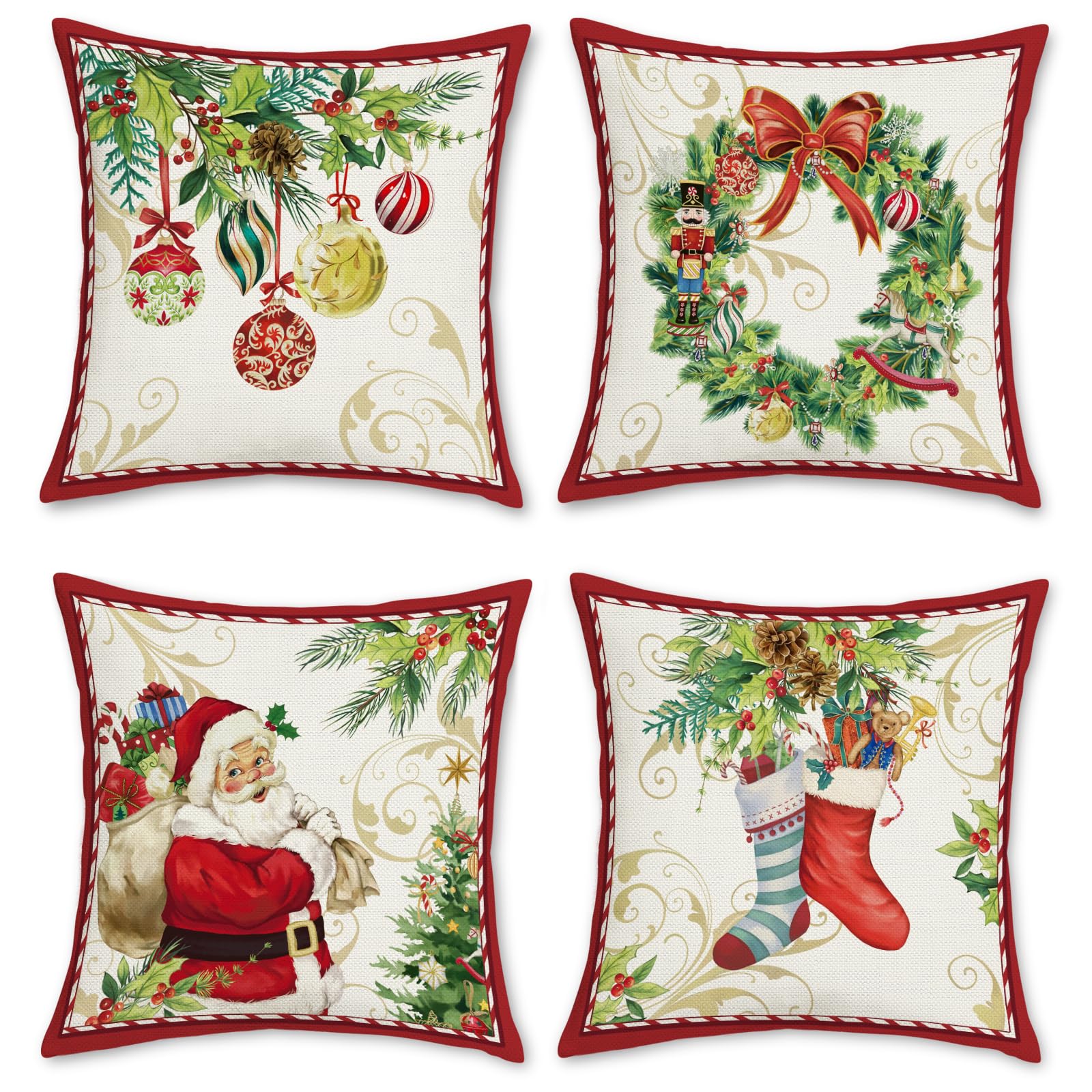 Bonhause Christmas Santa Claus Cushion Covers 45 x 45 cm Xmas Wreath Bells Socks Winter Holiday Decorative Throw Pillow Covers Polyester Linen Pillowcases for Sofa Bed Xmas Decor Set of 4
