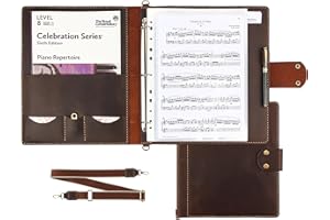 ROBRASIM Handmade Leather Sheet Music Folder, 3-Ring Choir Binder with Clear Sheet Protectors, Premium Leather Portfolio for Music Organizer & Office Use - Coffee