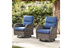 BELLEFURN Patio Glider Set of 2, Resin Wicker Swivel Chairs with Smile-Shaped Cushions, High Back Luxury Outdoor Chairs, Brown Wicker|Blue Cushions