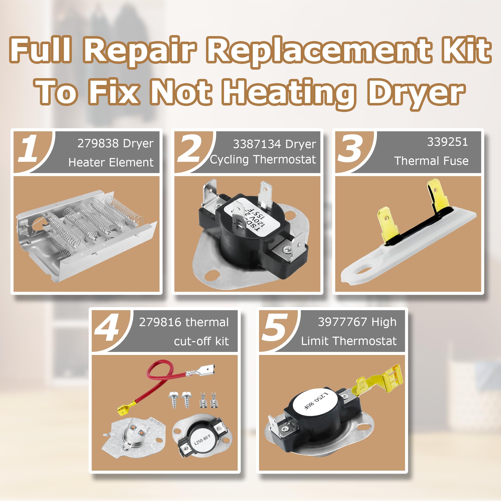 NED4655EW1 Heating Element fit for Amana 279838 W10724237 NED4600YQ1 NED4600YQ0 fit for Whirlpool WED4815EW1 WED4850HW0 WED5300VW0 fit for Kenmore 70 80 110 fit for Maytag 3398064 3403585 prime&swift