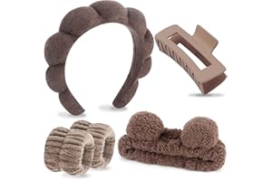 VELSCRUN Spa Headband, Makeup Face Wash Skincare Headbands, 5 Pcs Sponge Get Ready Bear Ears Hairband Facial Wristband Hair Clip Set, Stuff for Teen Girls Women Trendy Hair Accessories Dark Brown