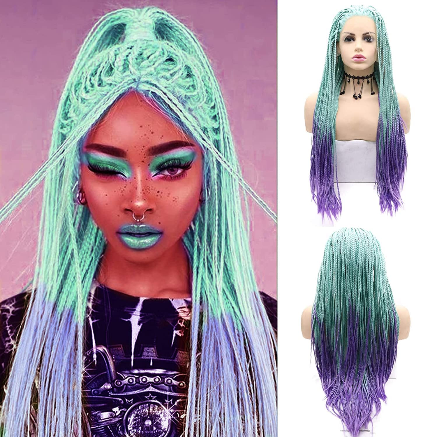 Blue Hair Braids Synthetic Braided Wigs for Women Blue Purple Ombre Realistic Long Lace Frontal Braid Wig Heat Resistant Wig Drag Cosplay Daily 26nch