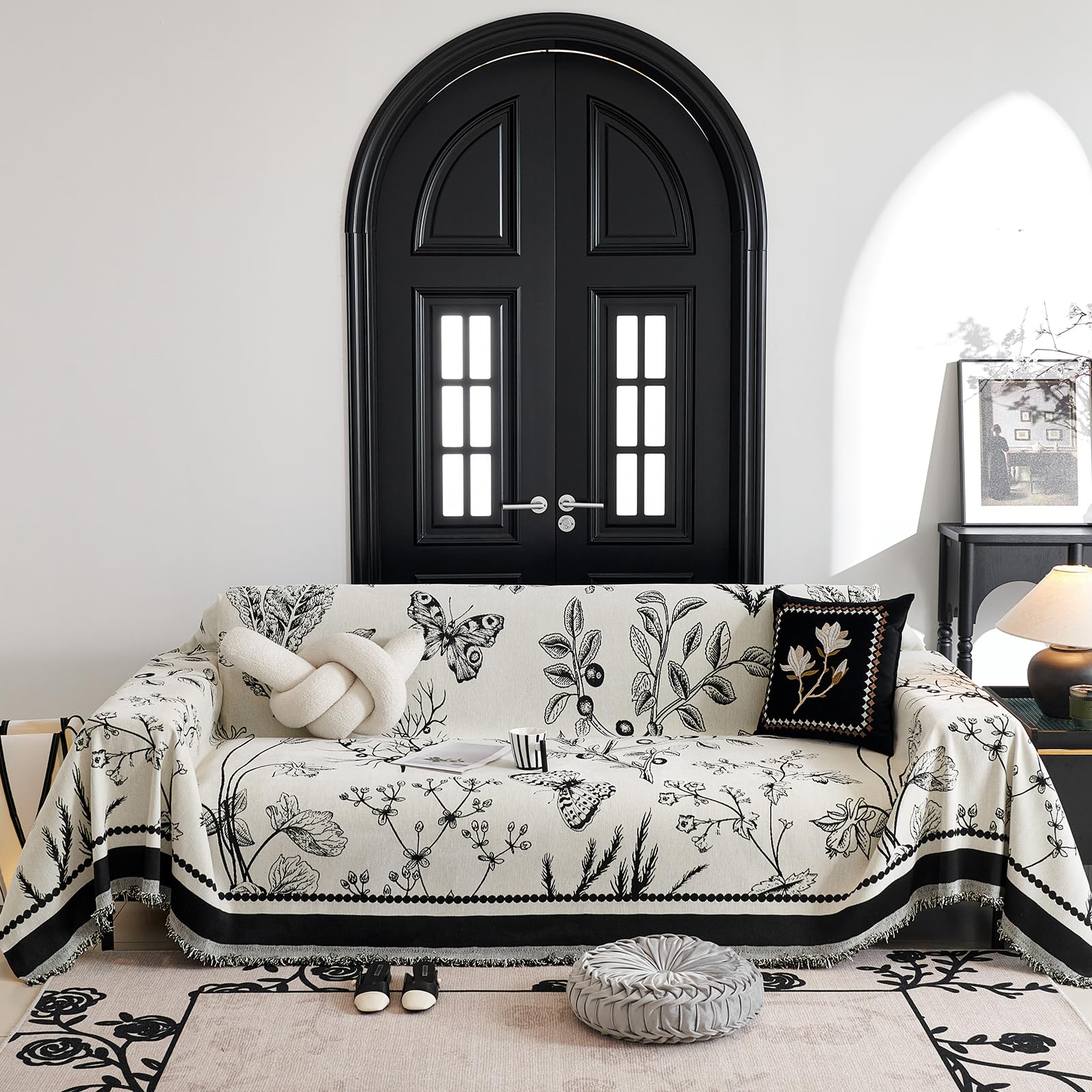 Photo 1 of SmoBea Sofa Covers for 3 Cushion Couch, Washable Chenille Couch Cover for Dogs, Soft Sofa Cover with Tassel Stripe Floral, Reversible Non Slip Futon Cover L Shape Sofa Cover 71" X 134" - Black