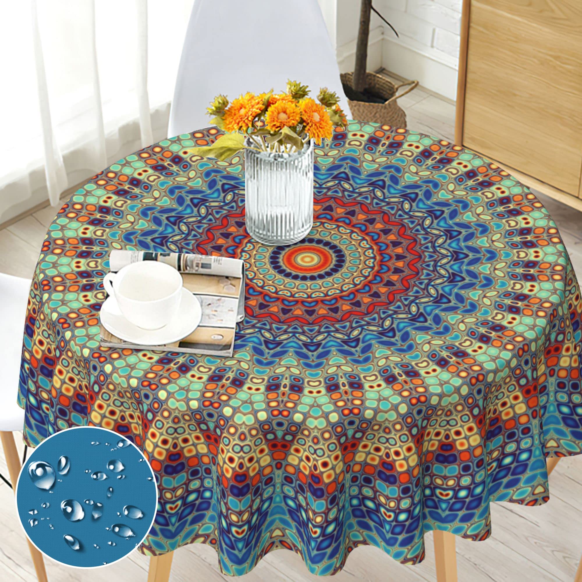 Round Tablecloth Wipe Clean 150cm - Vibrant Boho Mandala Pattern - Wipeable Circular Table Cloth Waterproof Stain-Resistant Polyester Table Cover for 4-6 Seater Dining Kitchen Patio Garden Outdoor