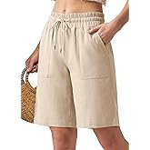 CHEERYAH Women's Linen Shorts Casual Bermuda Long Linen Beach Summer Shorts with Pockets High Waisted 10"