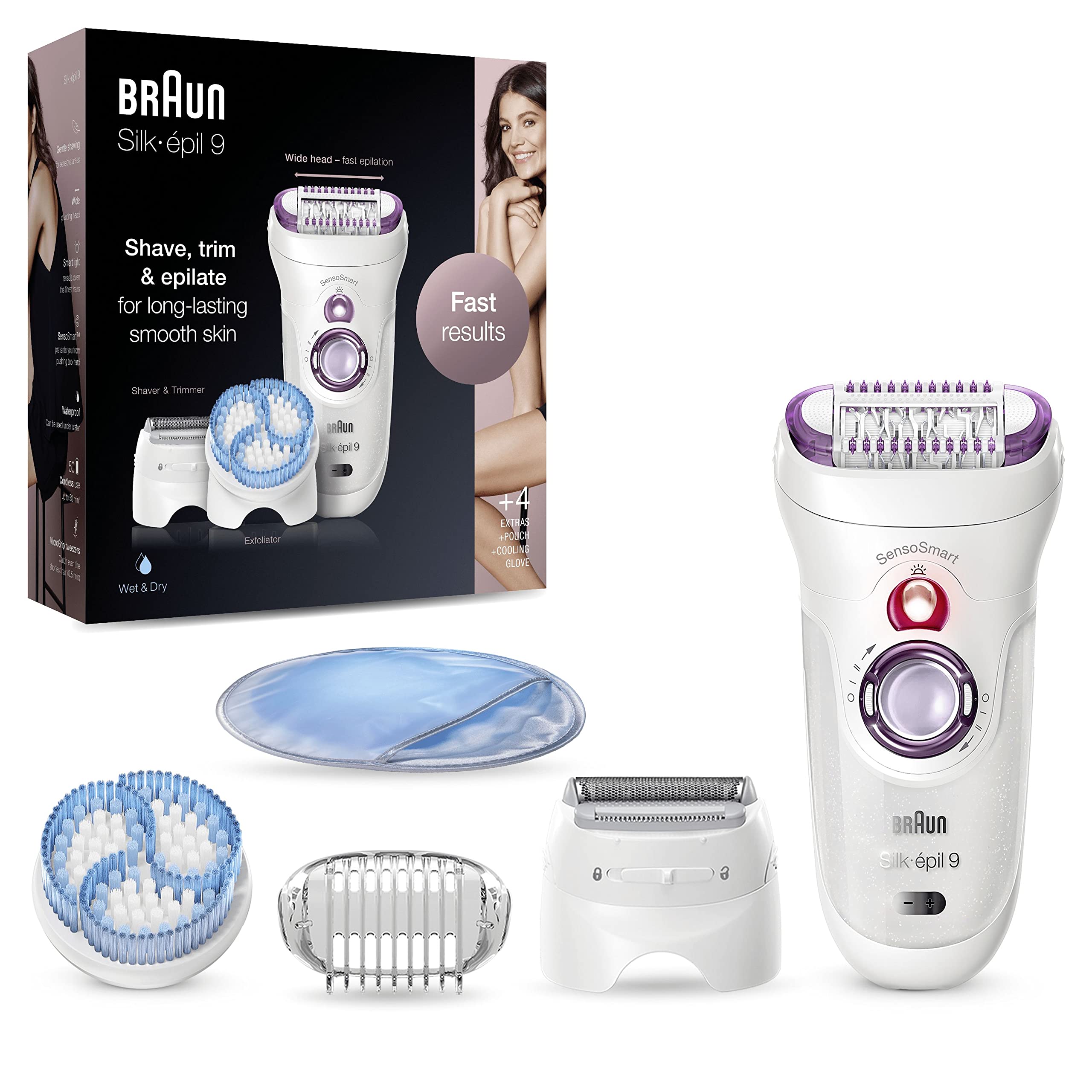 Braun Silk-épil 9, Epilator for Women for Long Lasting Hair Removal, 4 Extras, Pouch, Cooling Glove, 9-735