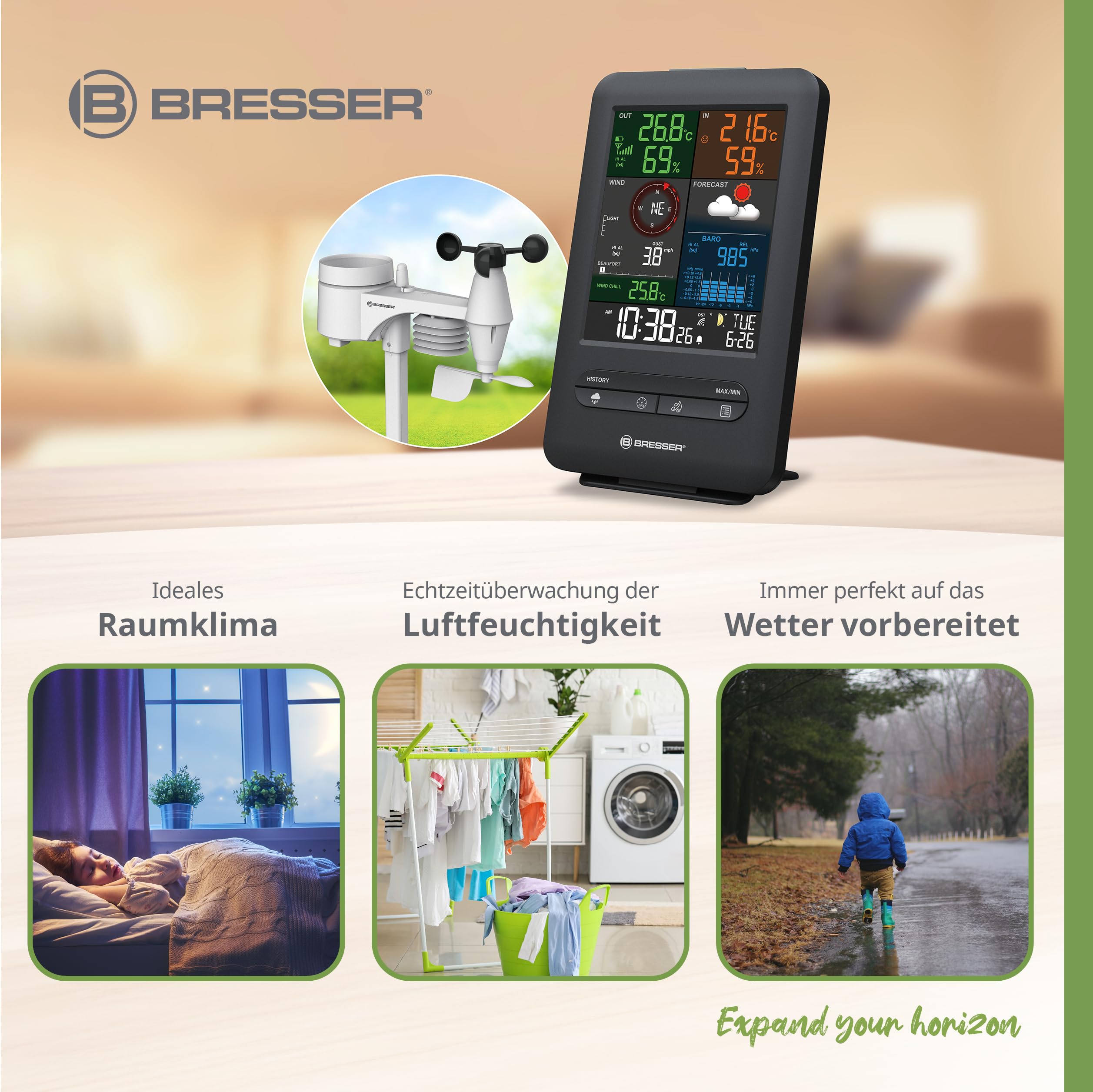 Bresser 7002525 Wetterstation Funk mit Außensensor 5-in-1 Beaufort mit großem Farbdisplay, Sensor für Temperatur, Luftfeuchtigkeit, Luftdruck, Windrichtung und Regenmesser, Schwarz, Einzigartig 4