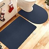 Ultra Thin Bath Mat, Upgrade Backing Non Slip Thin Bath Mats Fit Under Door, Quick Dry Ultra Absorbent Bathroom Rugs, Machine Washable Bath Rugs for Bathroom, Bathtub, Dark Blue/Solid/2 Piece