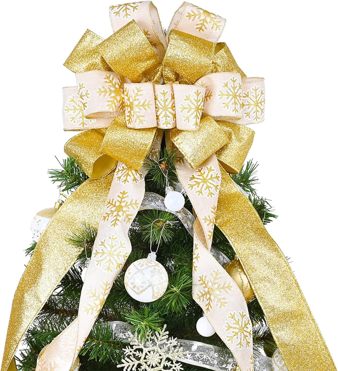 Tree Toppers - Champagne Gold Christmas Tree Topper, 40x13 Inches Toppers Bow with Glitter Satin Mesh Streamer and Patterned Ribbon, Christmas Tree Topper Bow for Christmas Home Decoration