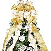 Christmas Tree Topper, 40x13 Inches Toppers Bow with Glitter Satin Mesh Streamer and Patterned Ribbon, Christmas Tree Topper Bow for Christmas Home Decoration (Gold)