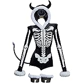 MEOWCOS Gothic Bodysuit Furry Hooded Black White Skull Pattern Halloween Costume Homewear with Tail and Socks