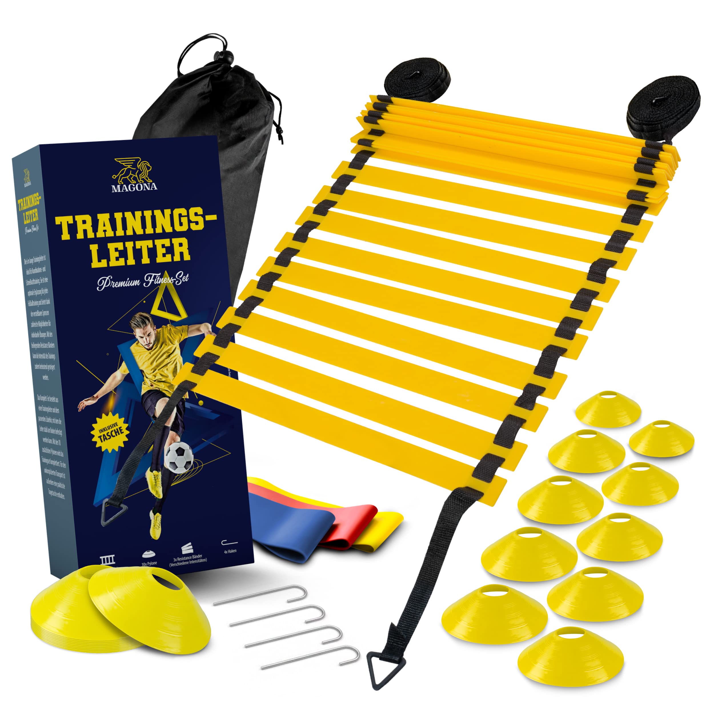 Magona Professional Agility Ladder 6 m – Football Training Set – Adjustable Training Ladder – Includes Exercise Bands, Cones, Fastening Hooks & Carry Bag