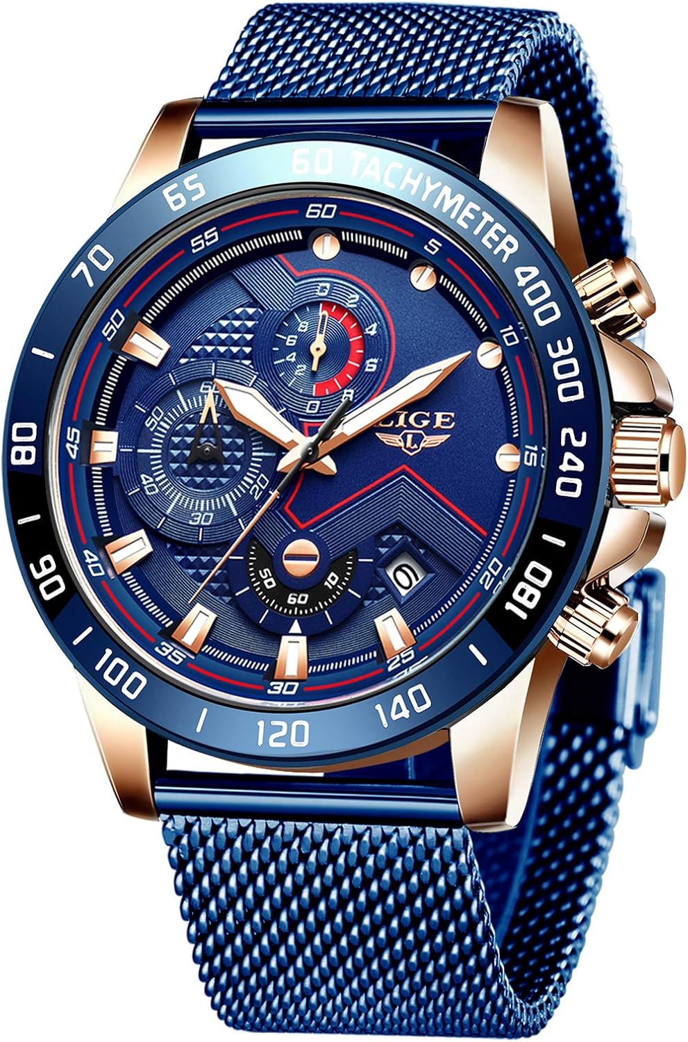 CIVO Lettura Facile Orologio Uomo: 40mm Quadrante Blu Cinturino in Pelle Nero Elegante - Impermeabile Analogico Orologio da Polso Luminose Data per Anziani con Problemi di Vista