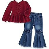 SODLON Toddler Baby Girl Clothes Little Girls Fall Winter Outfits Kids Smocked Shirt Bell Bottom Jeans Denim Pants Clothing