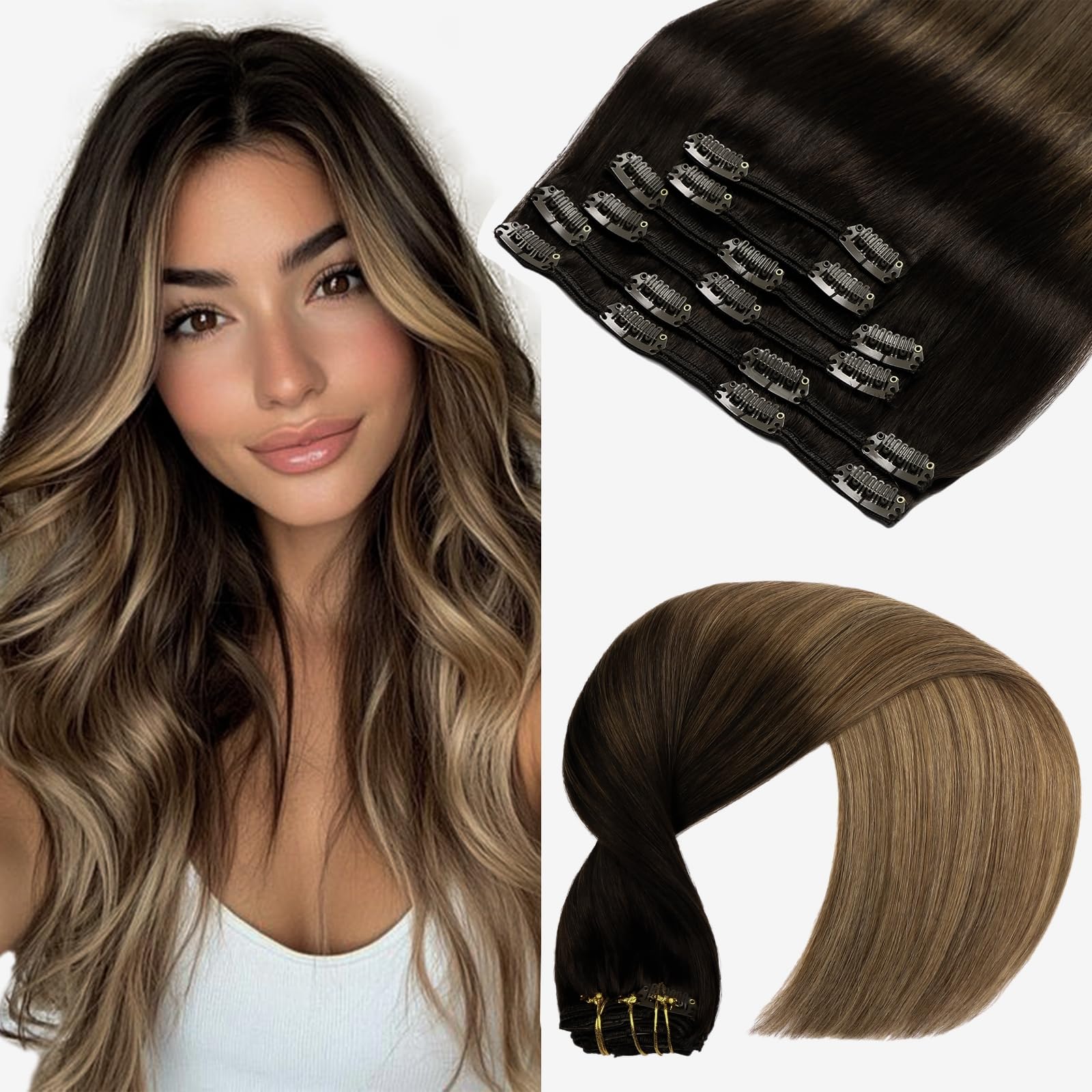 VINBAO Clip in Hair Extensions Real Human Hair 120g Human Hair Clip in Extensions Straight Natural Black Ombre Dark Brown Mix Blonde Hair Extensions for Women Double Weft 20 Inch (#C1B/4/27, 20'') โ image 1