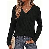 PRETTYGARDEN Fall Fashion 2026 Long Sleeve Shirts for Women Ribbed Knit V Neck Dressy Casual Lightweight Sweaters Tunic Tops