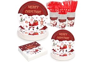 QONIMI 168 Pcs Christmas Paper Plates and Napkins Sets Santa Claus,Reindeer,Snowman Disposable Dinner Tableware Set With 7" Plate,9" Plates,Napkins,Cups & Knife & Fork&Spoon Party Supplies Serve 24 Guests