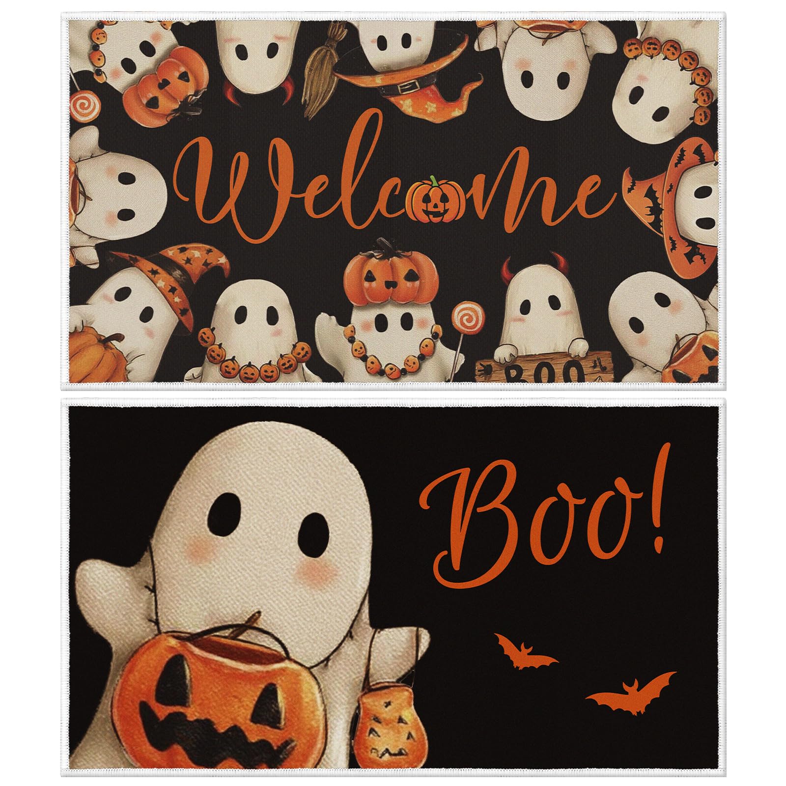 Photo 1 of VISSTREE Halloween Welcome Door Mat Set of 2, Boo Pumpkin Ghost Doormat, Spooky Non-Slip Absorbent Door Rugs with Rubber for Halloween Holiday Indoor Outdoor Home Floor Carpet Decorations 17x29 Inch