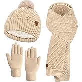 BAHABY Hat Gloves Scarf Set Women, Winter Beanie with Pom Pom Warm Gloves Long Scarf 3 in 1 Set