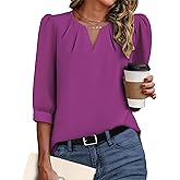 3/4 Length Sleeve Womens Tops Work Business Dressy Casual Blouses Chiffon Elegant Shirts Fashion Outfits