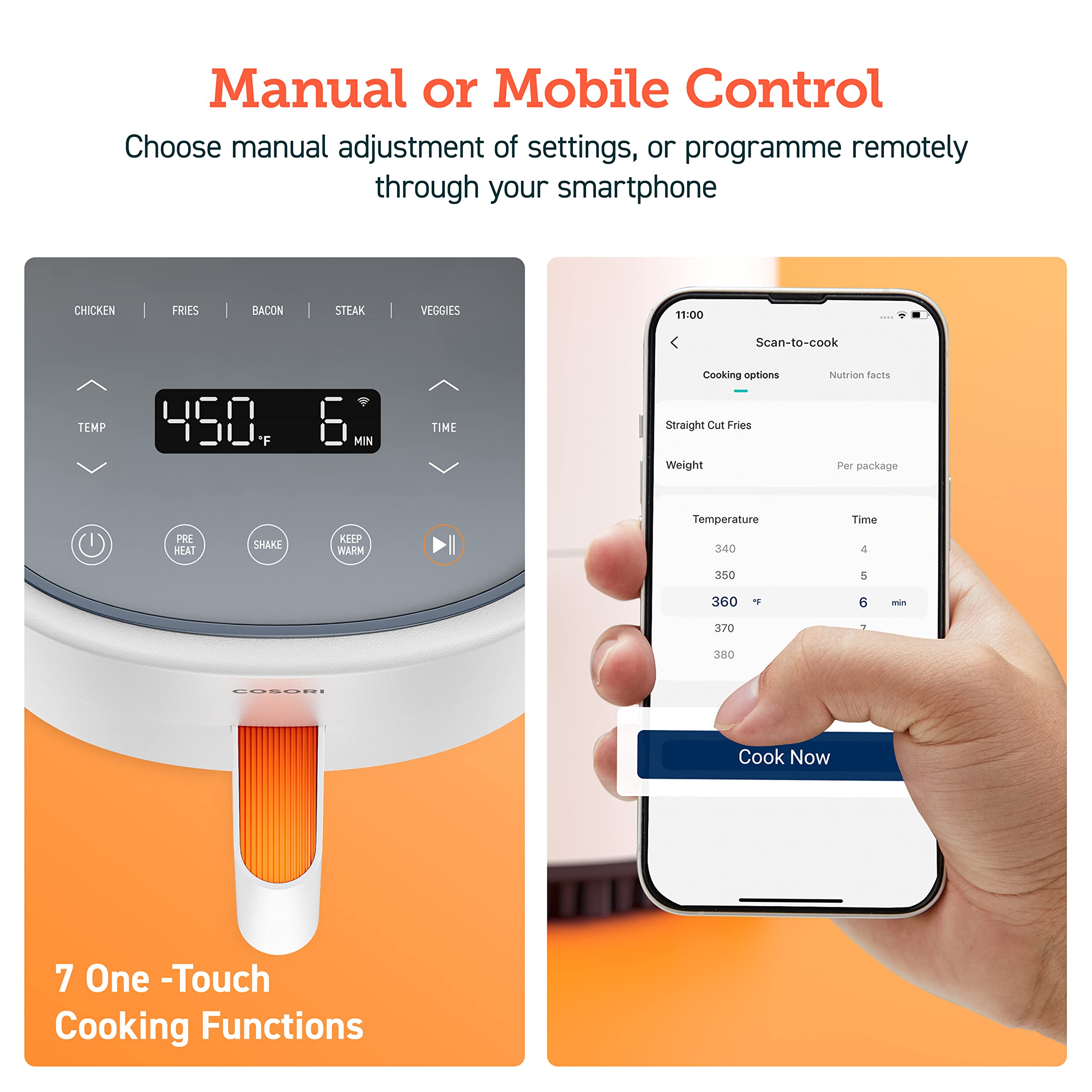 Cosori Air Fryer 4 Qt, 7 funciones de cocción Airfryer, más de 150 recetas en la aplicación gratuita, 97% menos grasa Freidora de Aire, apta para lavavajillas, diseñada para 1-3 personas, Lite 4.0 Quart Smart Air Fryer, blanco