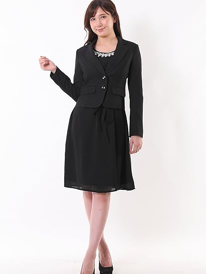 Amazon スーツ レディース 大きいサイズ ワンピース スーツ 2点セット ママスーツ 小さいサイズ 卒業式 入学式 結婚式 七五三 同窓会 二次会 謝恩会 カラーフォーマル 上品 な 黒 シフォンワンピース 30代 40代 50代 60代 ファッション セレモニー 細見せ効果抜群 T59