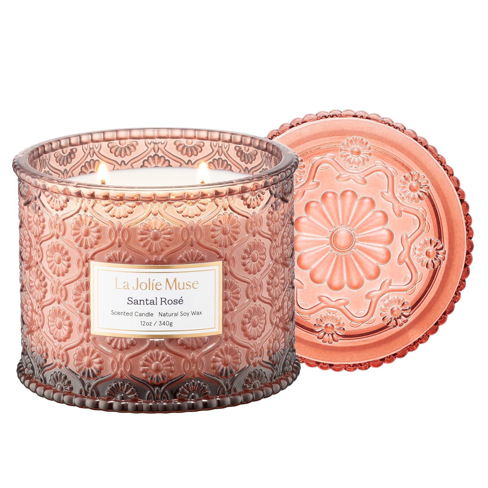 LA Jolie Muse Santal Rosé Candle - Saffron, Rose, Patchouli | 12 oz Large 2-Wick Soy Wax Candle | 60 Hours Clean Burn | Gift-Ready for Hosts & Gatherings | Elegant Home Décor