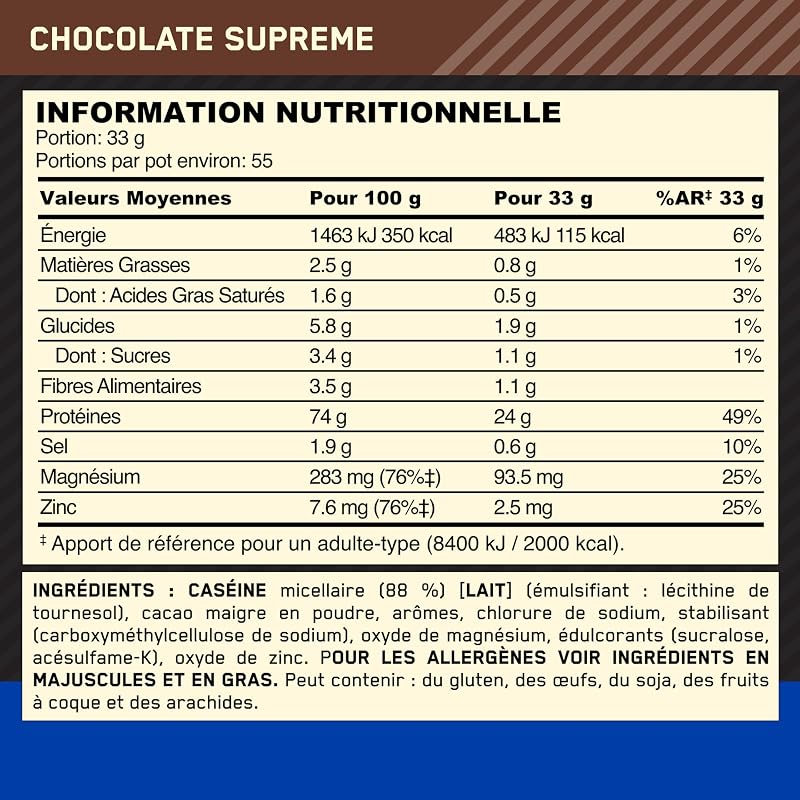 Gold Standard 100% Protéine de Caséine, Goût Chocolat Suprême, 1.82kg, 55 Doses