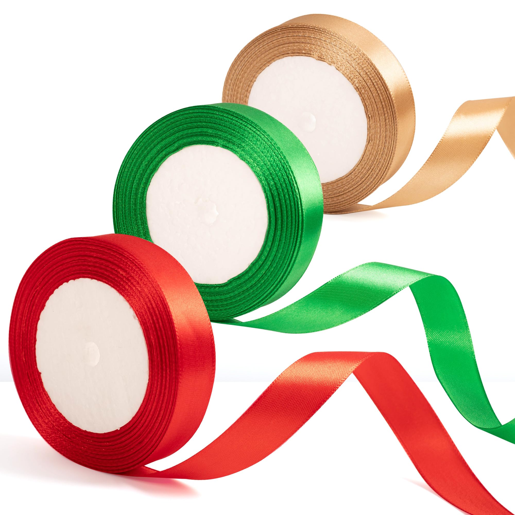 3Rolls 22m x 20mm Wide Gold Red and Green Ribbon Thick Christmas Ribbon for Gift Wrapping, 4/5 inch Gold Red and Green Satin Ribbon for Christmas Cake Xmas Present Wrapping Hair Bow Crafts Decorations