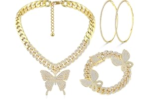 YADOCA Butterfly Jewelry Set Thick Diamond Iced Out Miami Cuban Link Chain Necklace Bracelet Rhinestone Big Hoop Earrings Bling Butterfly Hip Hop Costume Jewelry Accessories For Women Silver Gold Tone