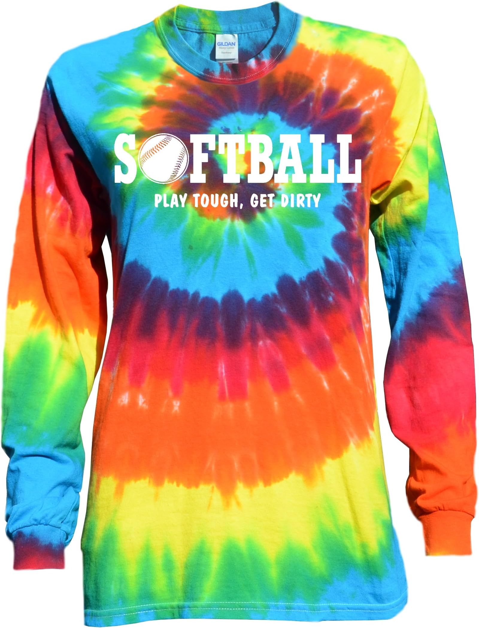 JANT girl Softball Rainbow Tie Dye Long Sleeve T-Shirt Play Tough, Get Dirty Logo