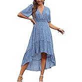 Kormei Womens V Neck Short Sleeve Elastic Waist High Low Flowy Summer Casual Long Maxi Dress