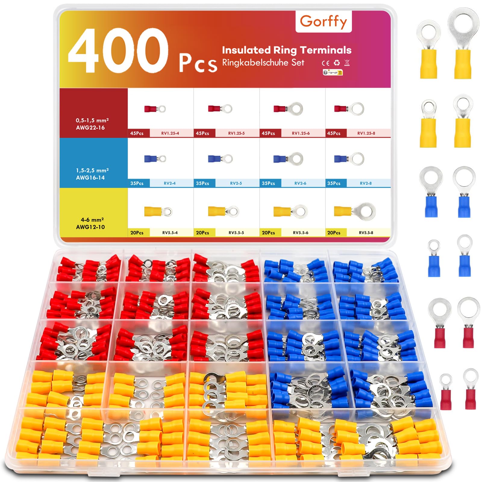 Gorffy Ring Terminals, 400PCS Electrical Crimp Connectors, AWG22-10 Crimp Terminals, Insulated Wiring Connectors, Ring Electrical Wire Connectors for Wiring