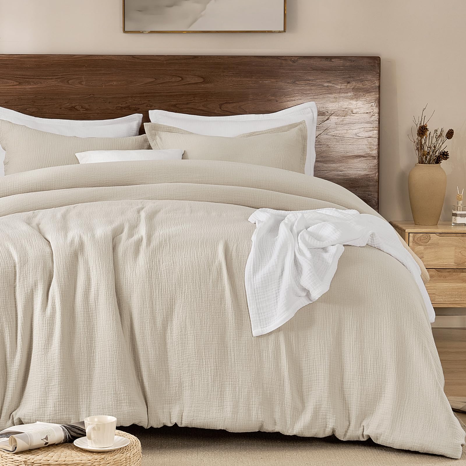 Photo 1 of PHF Cotton Muslin Comforter Set King Size, Ultra Soft, Breathable & Lightweight All-Season Bedding, Filling: 100% Polyester, 3 Pieces with 1 Comforter 104"x90" and 2 Pillow Shams 20"x36", Natural