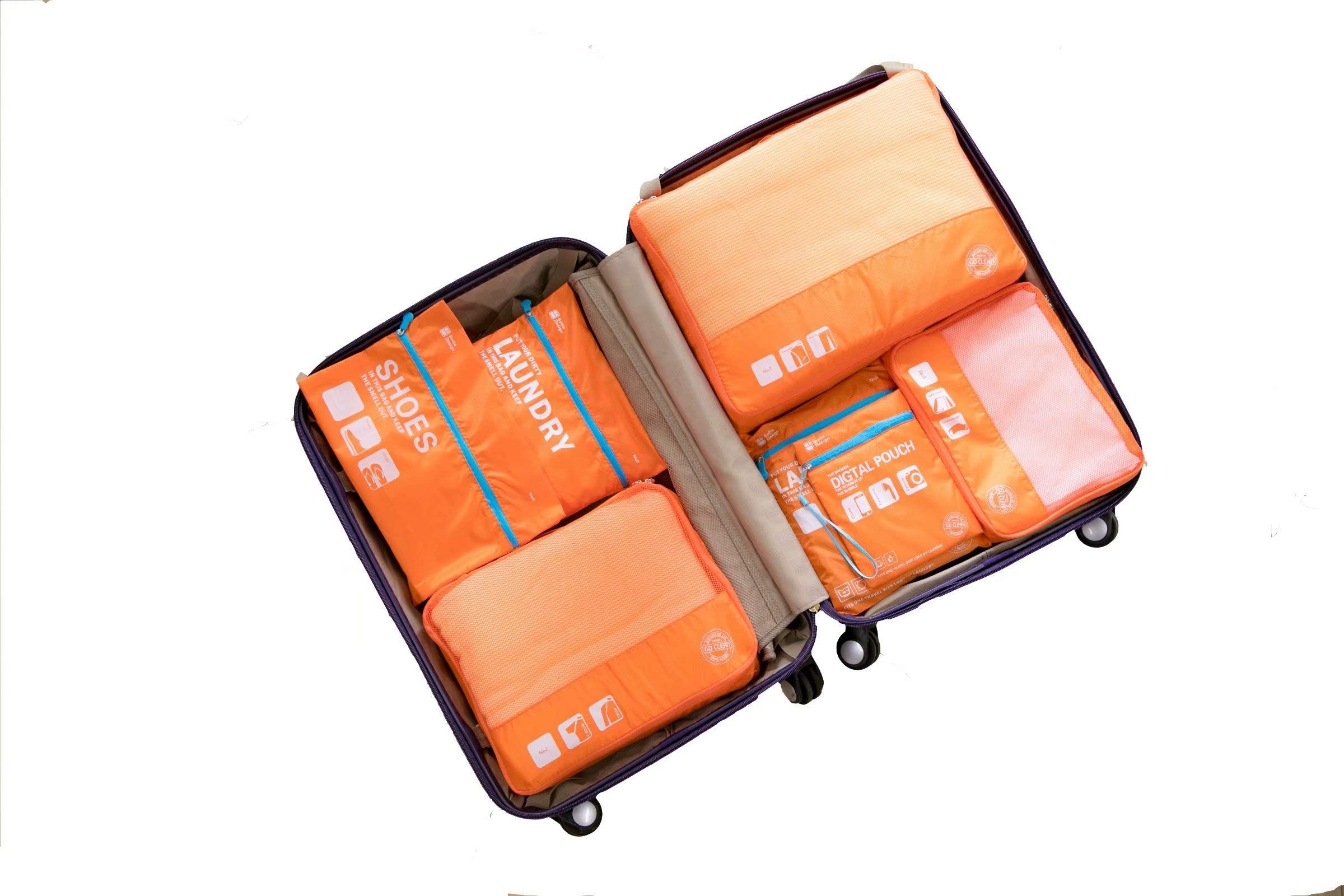 7 Sets Packing Cubes for Travel Luggage Organisers Storage Bags Waterproof and Lightweight Suitcase Compression Pouches (Orange)