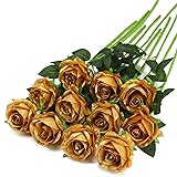 Gold Fake Roses Artificial Flowers - 10 Pcs Fake
