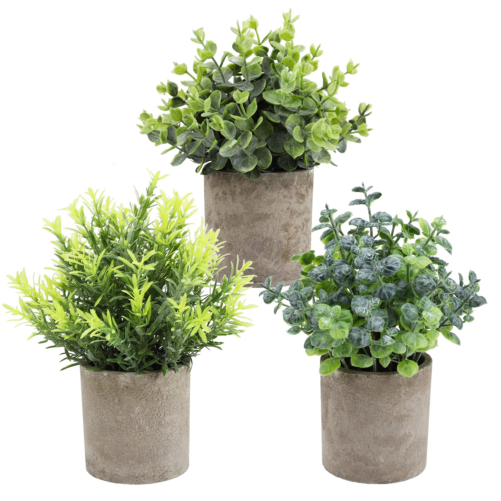 THE BLOOM TIMES Set of 3 Small Potted Artificial Plants Plastic Fake Greenery Faux Plants in Pots for Rustic Home Office Desk Farmhouse Bathroom Kitchen Indoor Dรฉcor