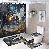 TOWINSFB 4Pcs Mystical Dragon Shower Curtain Sets, Bathroom Decor Set with Rugs, Bath Mat Retro Mountain Galaxy Fantasy Animal Shower Curtain, 72 X 72 Inch