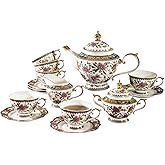 ACMLIFE Tea Set for Adults for 6, Blue and White Tea Set with Cups, Bone China Vintage Floral British English Tea Pot with Cups and Saucers for Women Party, Afternoon Service or Gift Giving (Pink)