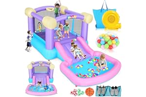 ROOJER Inflatable Bounce House for Kids 3-6 with Water Slide Ball Pit Pool & 50 Ocean Balls, 5 in 1 Bouncy Castle w/ 6 Sticky Ball Dart Board Game, Basketball Hoop, Storage Bag & Blower Indoor Outdoor Party