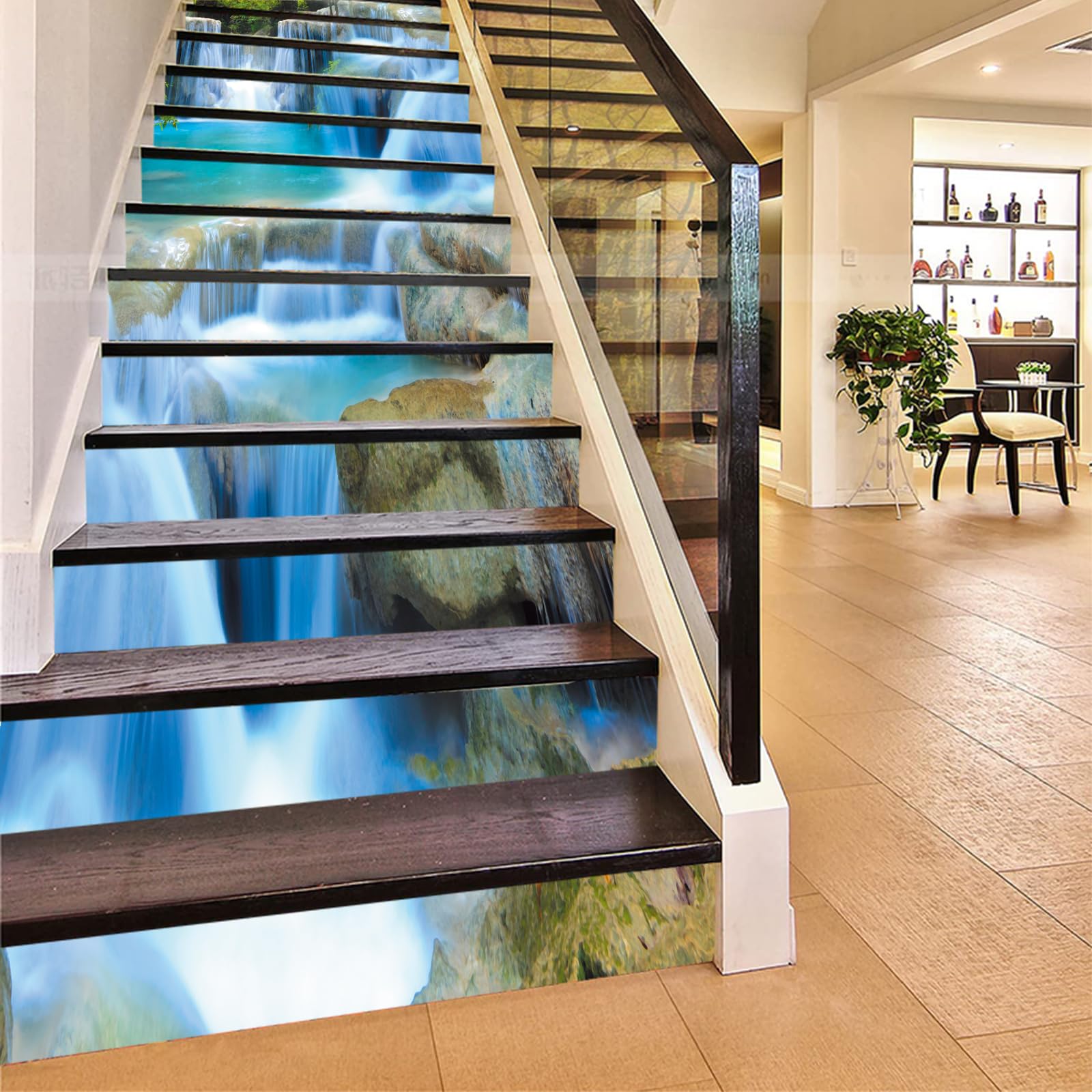 FLFK 13Pcs Stair Risers Stickers Peel and Sick 39.37"x7.08",Self-Adhesive Staircase Stickers Decals, Stone Waterfall Rock Mural Wallpaper for Stair Steps