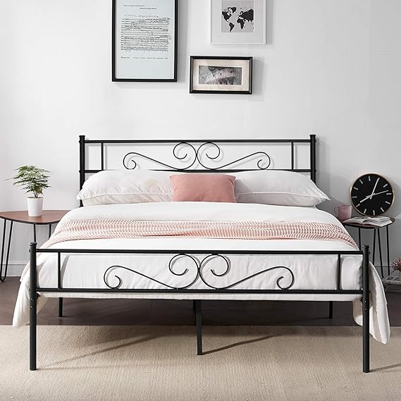 VECELO Double Bed Frame Metal 4ft 6 Platform Bedsted Base with Vintage