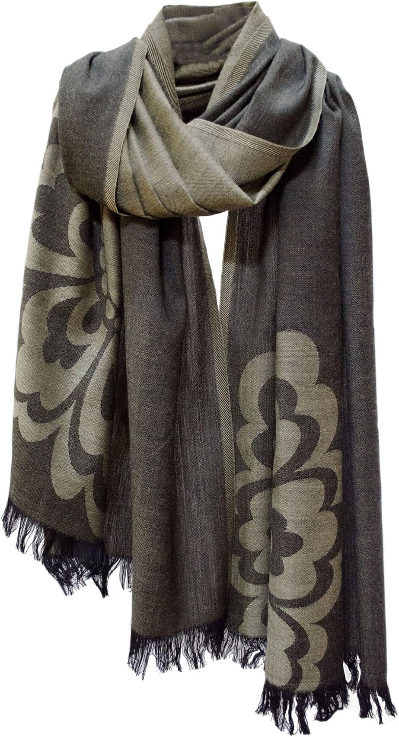 Graphic Floral Reversible Wool Shawl Scarf Wrap Stole Charcoal Grey at