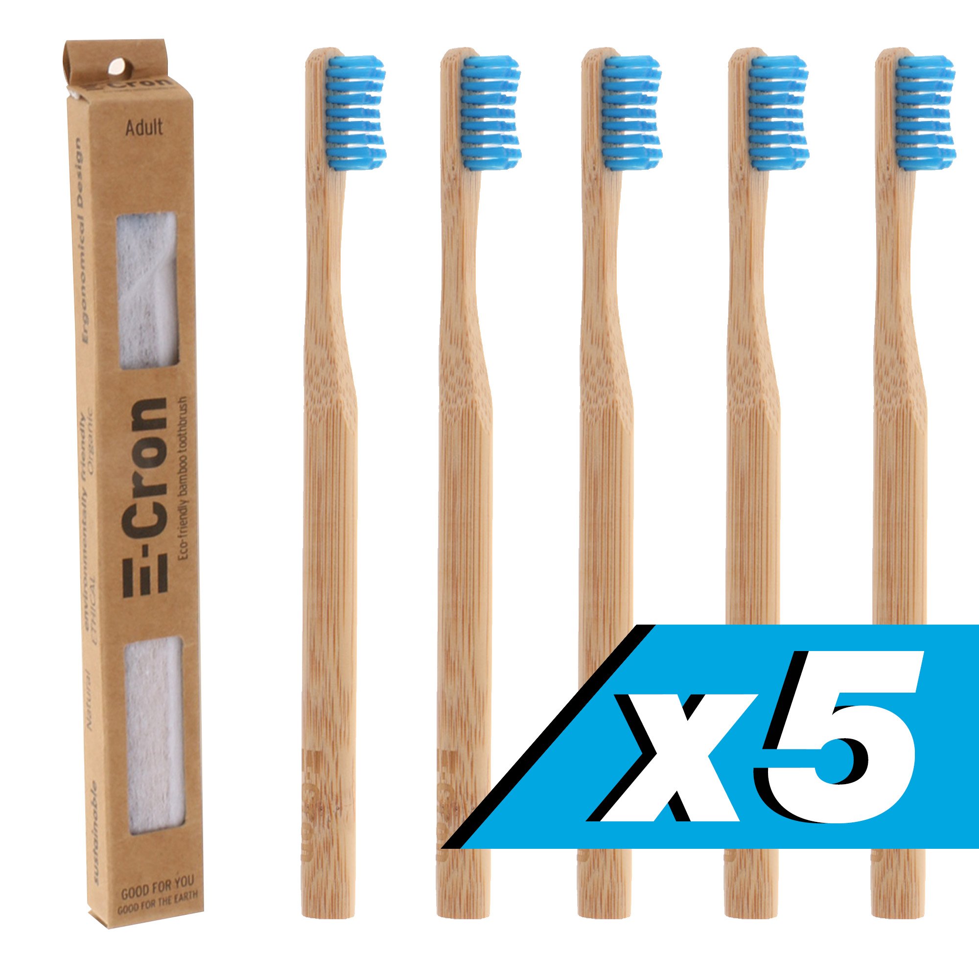5 x E-Cron Bamboo Toothbrush (Blue) with Eco-friendly, 100% organic and biodegradable toothbrush handle. Your Natural Dental Care with The clean and warm touch of The bamboo.