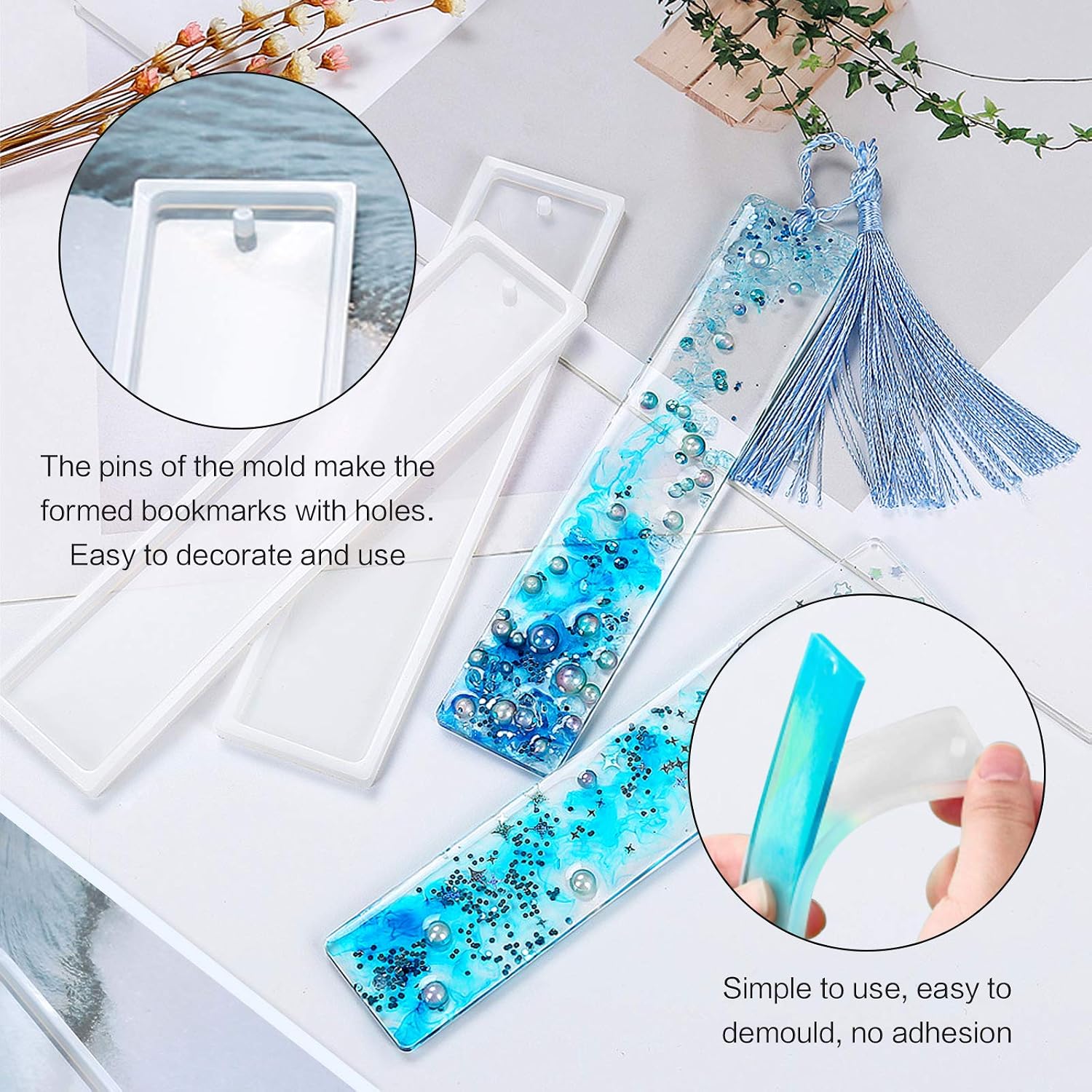 Jubaopen 12PCS Bookmark Resin Mold Bookmark Mold with 15PCS Colorful Tassels Rectangle Resin Casting Mould Silicone Resin Casting Bookmark Molds for Bookmark Craft DIY(3 Sizes, 15 Colors) - Image 4