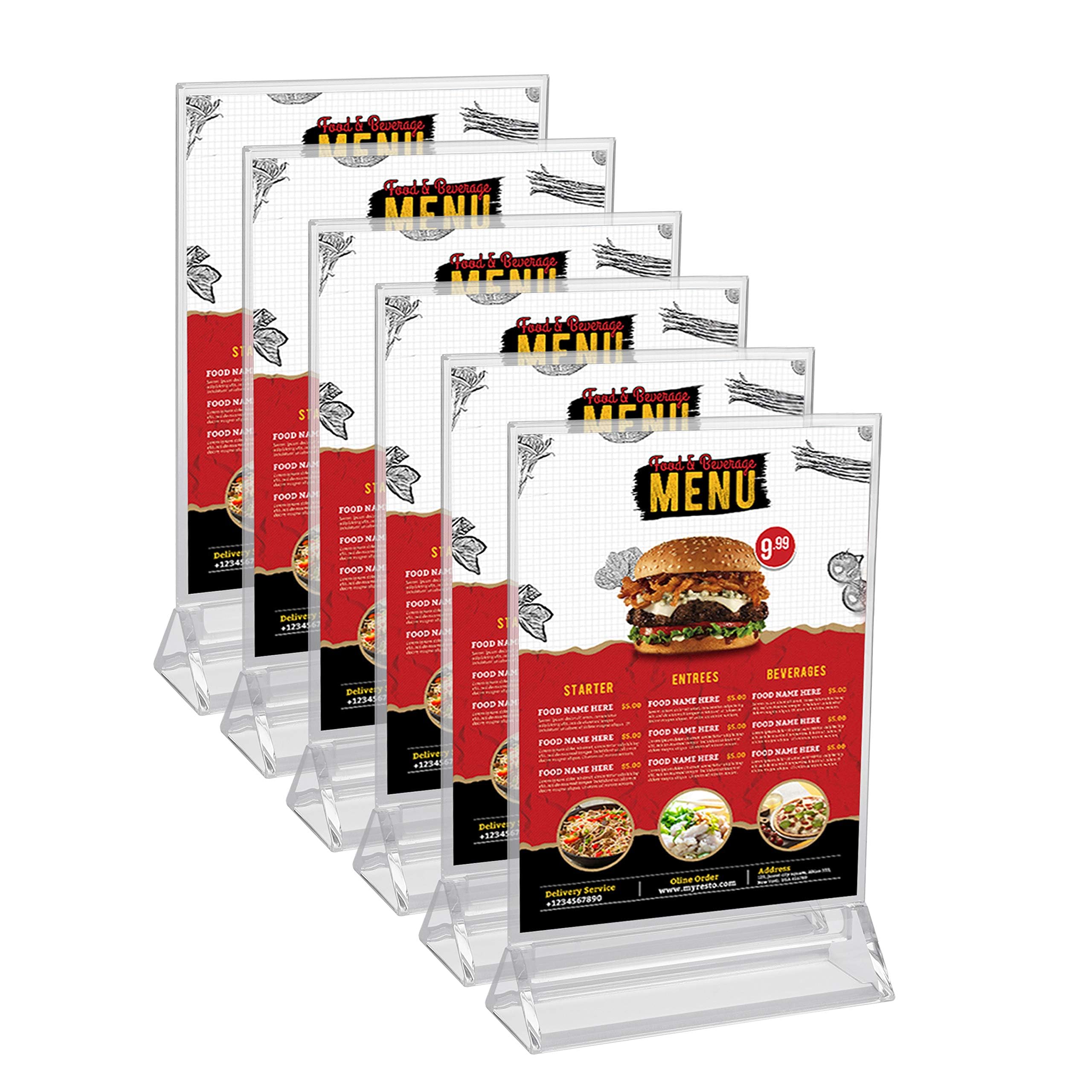 Kurtzy A6 Sign Holder (6 Pack) - L11 x H19.5cm / 4.33 x 7.7 Inches - Clear Plastic Double Sided Vertical Table/Counter Display Holders - Restaurant Menu Card, Photo Frame & Ad Poster Stand