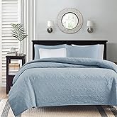 Madison Park Quebec 3-Piece Quilted King Coverlet Set - Dusty Pale Blue, Floral Pattern - King/Cal King Bed - Ideal For Warm Climate Room Decor or Extra Warmth